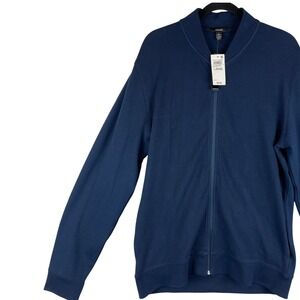 Alfani Mens Pique Bomber Jacket Neo Navy Blue‎ Full Zip Stretch Large NWT
